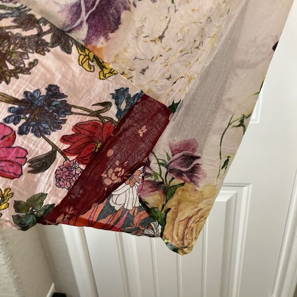 Magazine Floral Sheer Boho Red Blue V Neck Blouse Top Size M Roll Tab Sleeve - Picture 5 of 13